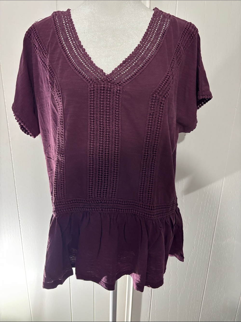 Sonoma Deep Plum V-Neck Crochet Peplum Top